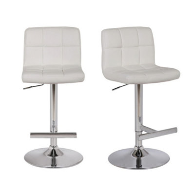 Allegro Kitchen Bar Stools Pair White, Adjustable Swivel Gas Lift, Chrome Base, For Breakfast Bar Or Kitchen