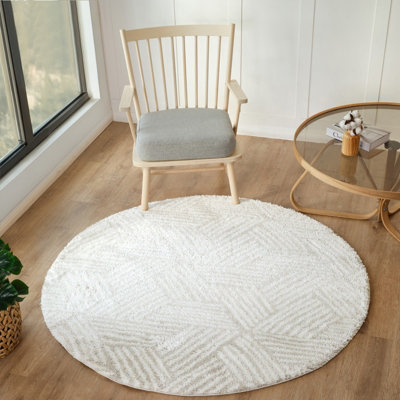 ALLIE Round Shaggy Geometric Plush Pile Beige Area Rug 160 x 160 cm