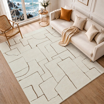 ALMA Scandi Modern High Pile Ivory/Brown Area Rug 160 x 213 cm