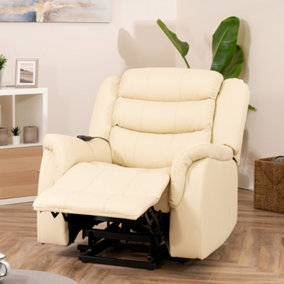 Almeira 94cm Wide Cream Bonded Leather Electric Lift Assist Power Motion Mobility Aid Riser Recliner with Massage and Heat
