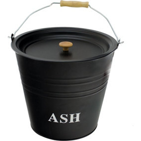 Almineez 12L Steel Ash Bucket with Lid Wooden Handle Fireside Bucket Fireplace Bucket 