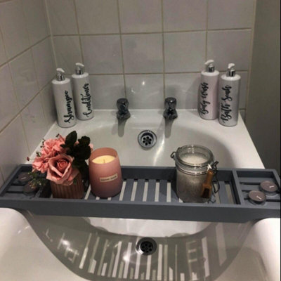 Almineez Bamboo Wood Bath Tub Caddy Rack Tray Water Resistant Bathroom Shelf Tidy Tray Storage Shelf Organiser Grey