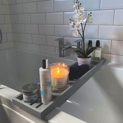 Almineez Bamboo Wood Bath Tub Caddy Rack Tray Water Resistant Bathroom Shelf Tidy Tray Storage Shelf Organiser Grey - 3