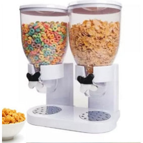 Almineez Double Cereal Dispenser Dry Food Storage Container - Keeps Food Fresh - Kitchen Tabletop Organiser With Crumb Tray
