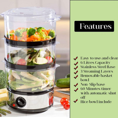 Almineez Electric 3 Tier Food Steamer 6L 3 Removable Stacking ...