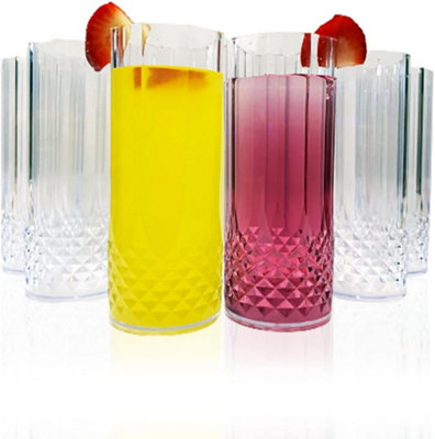 Almineez Stylish Set of 6 Hi Ball Plastic Acrylic Drink Tumblers Crystal Effect Glass Cups Reusable Glasses Great for Picnics BBQ