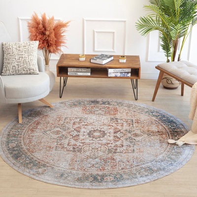 ALORA Round Machine Traditional Modern Boho Burnt Orange Area Rug 200 x 200 cm