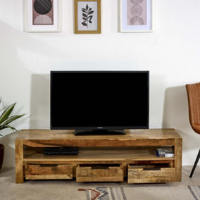 Alphon Mango Wooden Large TV Stand With 3 Drawers