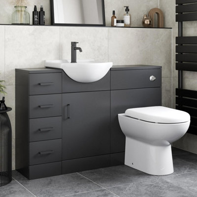 Alpine Black Toilet & Basin Vanity Unit Combination with Drawer Unit 1165mm