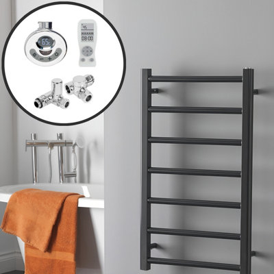 Alpine Dual Fuel Thermostatic Heated Towel Rail With Timer, Anthracite - W500 x H1200 mm