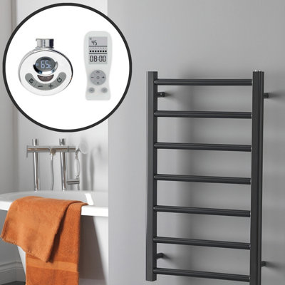 Alpine Thermostatic Electric Heated Towel Rail With Timer, Anthracite - W500 x H1200 mm