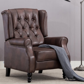Althorpe Wing Back Recliner Chair Bonded Leather Button Fireside Occasional Armchair (Brown)