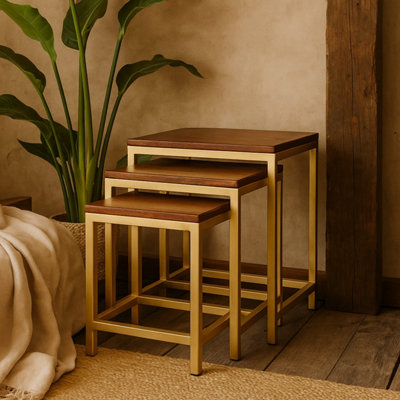 Altomonte Set of 3 Mango Wood Nesting Side Tables with Gold Base