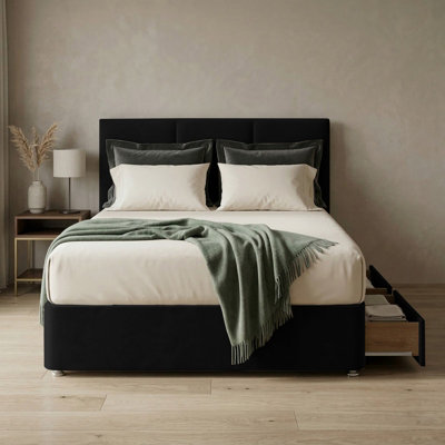 Alton Plush Velvet Divan Bed, Headboard - 4ft Small Double - Black - 4 ...