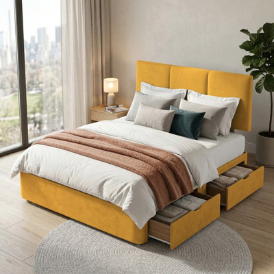 Alton Plush Velvet Divan Bed, Headboard - 4ft6 Double - Turmeric - 2 ...