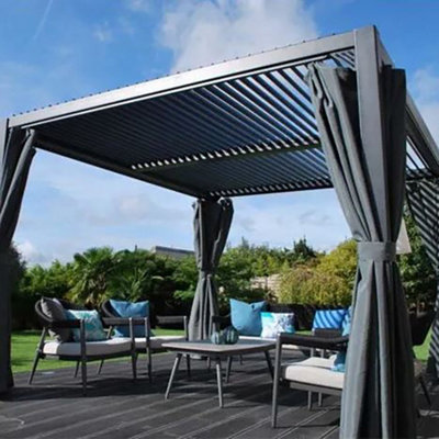 Aluminium 3 x 3.6m Gazebo and Curtains Slat Roof Dark Grey Pop Up Marquee Tent