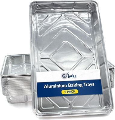 Aluminium Foil Tray Containers (5 Trays) Baking and Cooking Foil Containers,  Freezer Safe and Reusable (32cm x 20cm x 3.3cm)