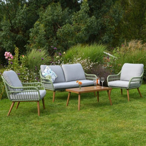 Aluminium Garden Sofa, Armchairs and Coffee Table Furniture Luxury 4 Piece Set in Sage Green with Cushions