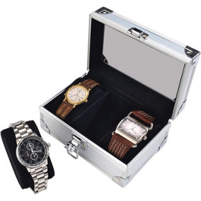 Aluminium Watch Box - Strong Metal Case with Clear Acrylic Lid, Holds 3 Watches - Measures 11 x 17 x 8cm