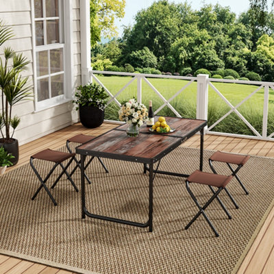 Aluminum Folding Picnic Table with 4 Oxford Mat Stools Umbrella Hole Fold Up Suitcase Table