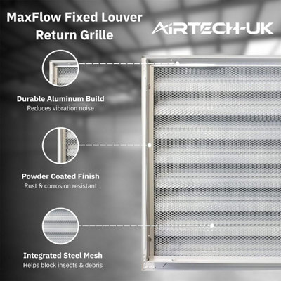 Aluminum Return Air Grille Fixed Louvre White Powder Coated with Steel Mesh (600 x 600 mm)