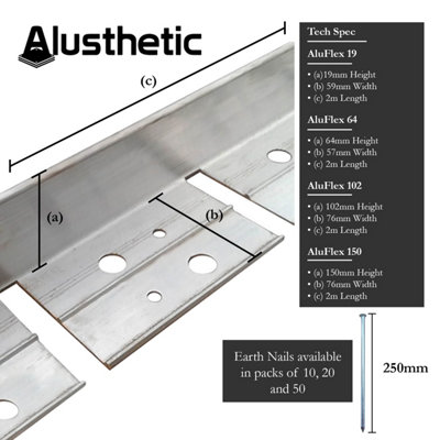 Alusthetic Aluminium 2m Garden Edging Strip - Flexible Border Edge for Gravel, Stone Paving and Grass - 19mm Height - Pack of 2