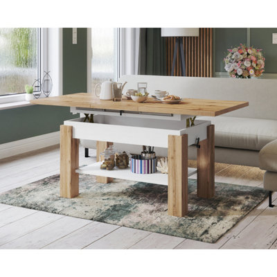Alva 2 in 1 Extending Coffee / Dining Table 110-150cm - Wotan Oak / White