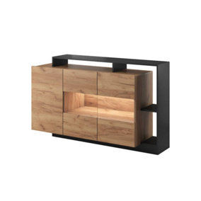Alva Contemporary Display Sideboard Cabinet 3 Hinged Doors 4 Shelves Gold Craft Oak Effect & Black (H)940mm (W)1550mm (D)440mm