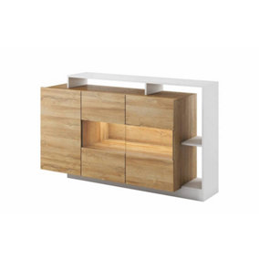 Alva Contemporary Display Sideboard Cabinet 3 Hinged Doors 4 Shelves Oak Grandson Effect & White (H)940mm (W)1550mm (D)440mm