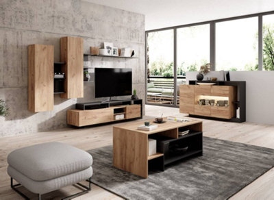 Alva Entertainment Unit - Modern Living for TVs Up To 70", Oak Gold Craft & Black, W2600mm H1720mm D440mm