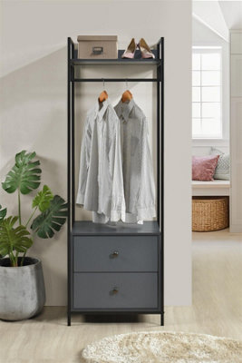 Alva Open Double Wardrobe with 2 Drawers Dark Grey Storage Clothes Hanging Rail Stand