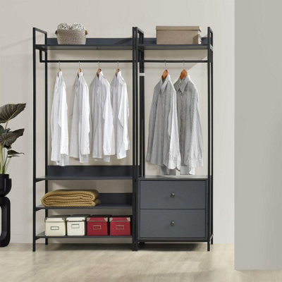 Alva Pair of Double Open Wardrobes with 2 Drawers 4 Shelves Dark Grey Clothes Rail