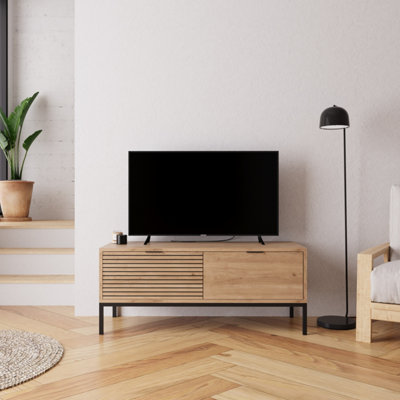 Alya Oak TV Unit 120 cm, TV Stand with 2 Door Storage for Living Room ...