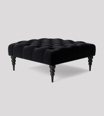 Alyana 75cm Square Ottoman Bench with Wooden Legs - Black Plush Velvet Chesterfield Upholstered Footstool