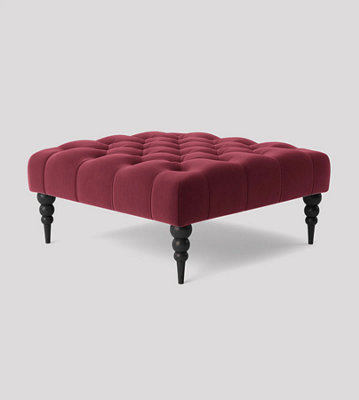 Alyana 75cm Square Ottoman Bench with Wooden Legs - Claret Red Plush Velvet Chesterfield Upholstered Footstool