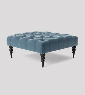 Alyana 75cm Square Ottoman Bench with Wooden Legs - Duck Egg Plush Velvet Chesterfield Upholstered Footstool