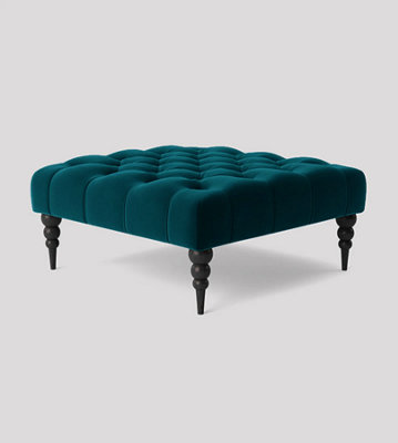 Alyana 75cm Square Ottoman Bench with Wooden Legs - Emerald Green Plush Velvet Chesterfield Upholstered Footstool