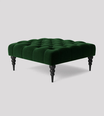 Alyana 75cm Square Ottoman Bench with Wooden Legs - Forest Green Plush Velvet Chesterfield Upholstered Footstool