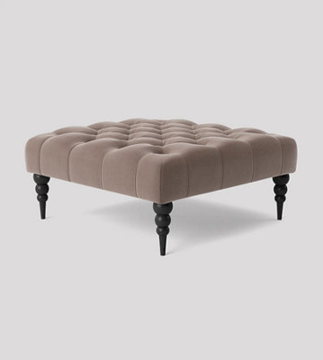 Alyana 75cm Square Ottoman Bench with Wooden Legs - Grey Plush Velvet Chesterfield Upholstered Footstool