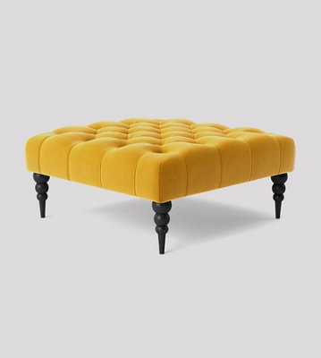 Alyana 75cm Square Ottoman Bench with Wooden Legs - Mustard Gold Plush Velvet Chesterfield Upholstered Footstool