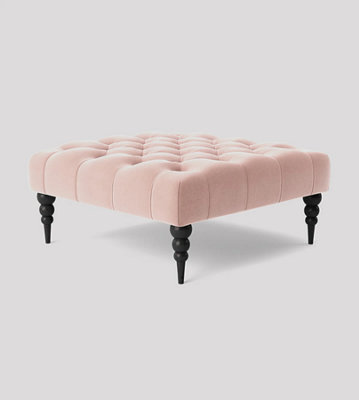 Alyana 75cm Square Ottoman Bench with Wooden Legs - Pink Plush Velvet Chesterfield Upholstered Footstool