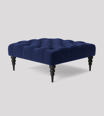 Alyana 75cm Square Ottoman Bench with Wooden Legs - Sapphire Blue Plush Velvet Chesterfield Upholstered Footstool