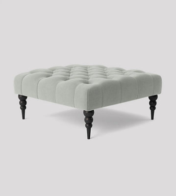 Alyana 75cm Square Ottoman Bench with Wooden Legs - Silver Plush Velvet Chesterfield Upholstered Footstool