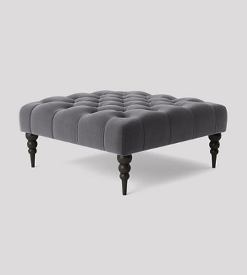 Alyana 75cm Square Ottoman Bench with Wooden Legs - Steel Grey  Plush Velvet Chesterfield Upholstered Footstool