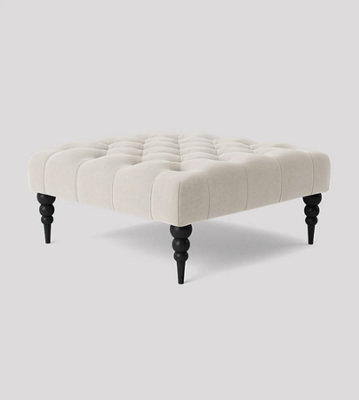 Alyana 75cm Square Ottoman Bench with Wooden Legs - White Plush Velvet Chesterfield Upholstered Footstool