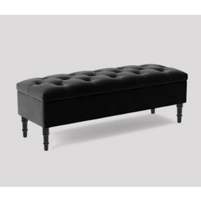 Alyana Ottoman bench with Storage and Turned Wooden Legs, 120cm Wide Ottoman Box - Black Plush Velvet