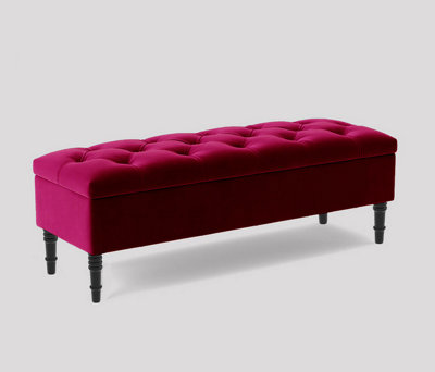 Alyana Ottoman bench with Storage and Turned Wooden Legs, 120cm Wide Ottoman Box - Claret Red Plush Velvet