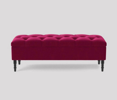 Alyana Ottoman bench with Storage and Turned Wooden Legs, 120cm Wide Ottoman Box - Claret Red Plush Velvet