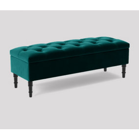 Alyana Ottoman bench with Storage and Turned Wooden Legs, 120cm Wide Ottoman Box - Emerald Green Plush Velvet