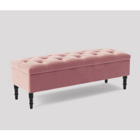 Alyana Ottoman bench with Storage and Turned Wooden Legs, 120cm Wide Ottoman Box - Pink Plush Velvet